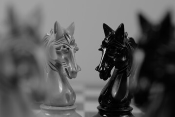 WOODEN CHESS PIECES AND BOARD IN MONOCHROMATIC THEME