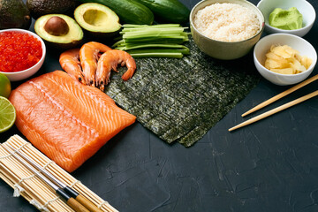 fresh ingredients for sushi sashimi maki rolls