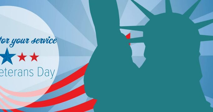 Animation of happy veterans day thank you text over statue of liberty and american flag elements - Powered by Adobe