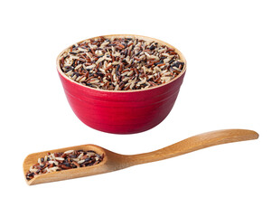 black rice in a wooden plate with a wooden spoon, isolated on a white background
