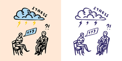 Counseling psychology or Psychotherapy. Psychological or talking therapy. Helping a person and overcoming problems. Thundercloud or storm cloud and the inscription stress. Hand drawn sketch.