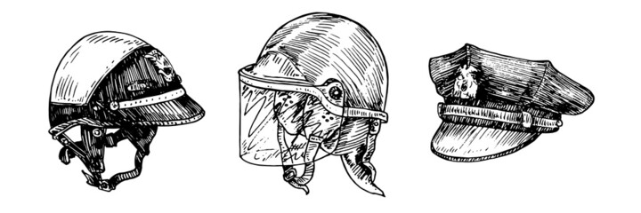 Police motorcycle helmet, tactical anti riot helmet, vintage US American police officer 8 point visor hat, gravure style ink drawing illustration isolated on white - 447754004