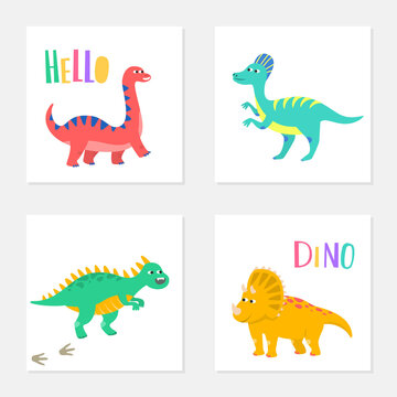 Set of colorful cards with cartoon dinosaurs.