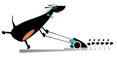 Fototapeta na wymiar Comic dog lawnmower mows the lawn 