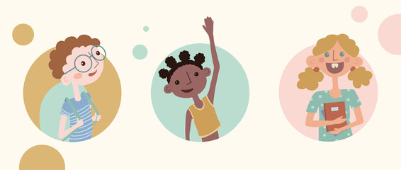 Back to school banner, three kids going to school with notebooks and schoolbag, fun vector illustration, 