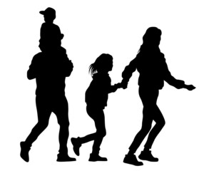 Families with little child walking on street. Isolated silhouettes of people on white background