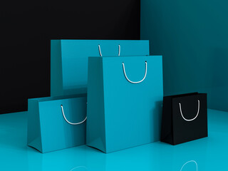 Shopping bags of different sizes in black and blue. 3d illustration