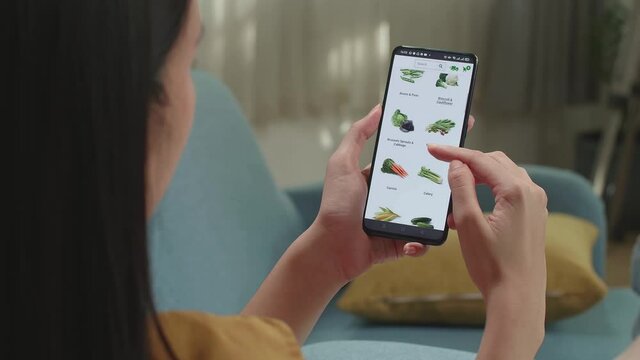 Woman Sitting On Couch In Living Room Using Smartphone Buys In Internet Shop. Female Selects Vegetables In Grocery Online Store
