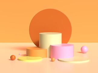 Blank product podium stand with colorful background for product and pastel spheres. pink, orange. Pastel colors.. 3d rendering.