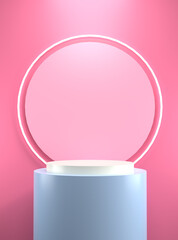 Abstract geometry shape white and blue pastel podium with pink on pink color background for product. minimal concept. 3d rendering