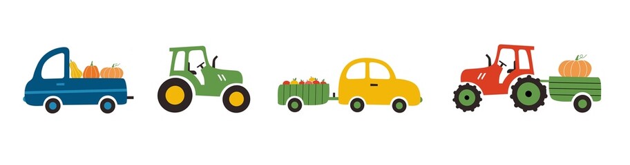 A set of different types of machines with a harvest. Tractor, passenger pickup truck, truck, cart. Vector illustration in a cute children's style isolated on a white background. Perfect for a child's  - obrazy, fototapety, plakaty