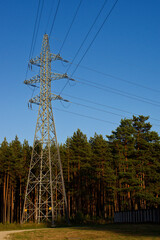 Power grid tower next to the forest. Energy concept.