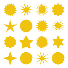 Retro stars, sunburst symbols. Vintage sunbeam icons. Yellow shopping labels, sale or discount sticker, quality mark. Special offer price tag, promotional badge. Vector illustration.