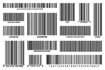 Set of product barcodes. Identification tracking code. Serial number, product ID with digital information. Store or supermarket scan labels, price tag. Vector illustration.