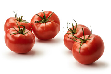 Five fresh juicy pink tomatoes on a white background. Isolated.
