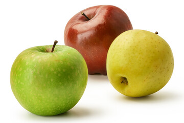 The fresh Granny Smith,  Golden and Red Delicious apples are isolated on a white background.