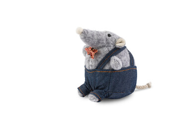 soft toy, plush mouse in denim shorts, isolate on a white background