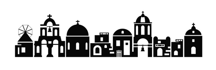 Santorini island, Greece. Traditional white architecture and Greek Orthodox churches with blue domes and a mill. Vector black and white silhouette. - obrazy, fototapety, plakaty