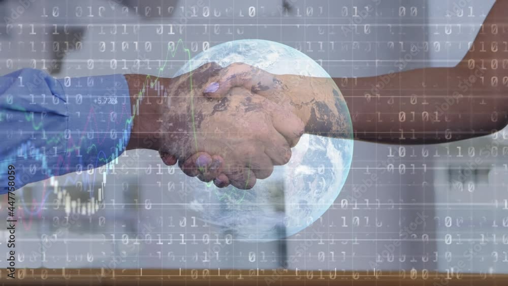 Poster binary coding data processing against mid section of businessman and businesswoman shaking hands
