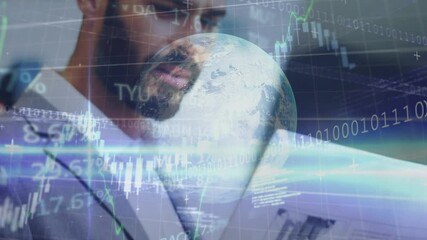 Stock market data processing over spinning globe against businessman reading newspaper at airport - Powered by Adobe