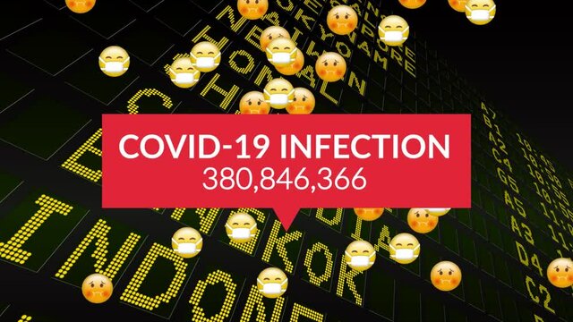 Covid-19 infection text with increasing cases and face emojis falling over airport information board
