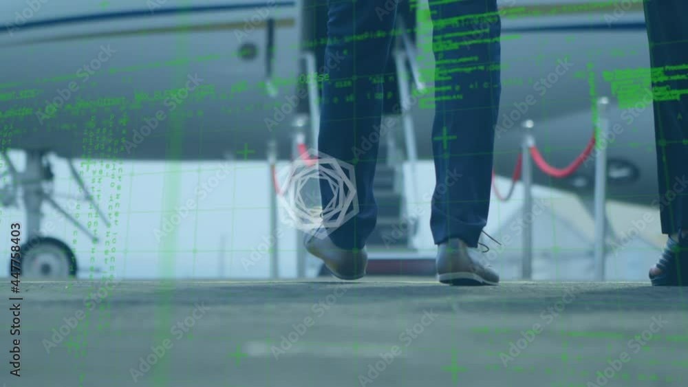 Poster abstract shape and data processing over low section of businesspeople walking on airport runway