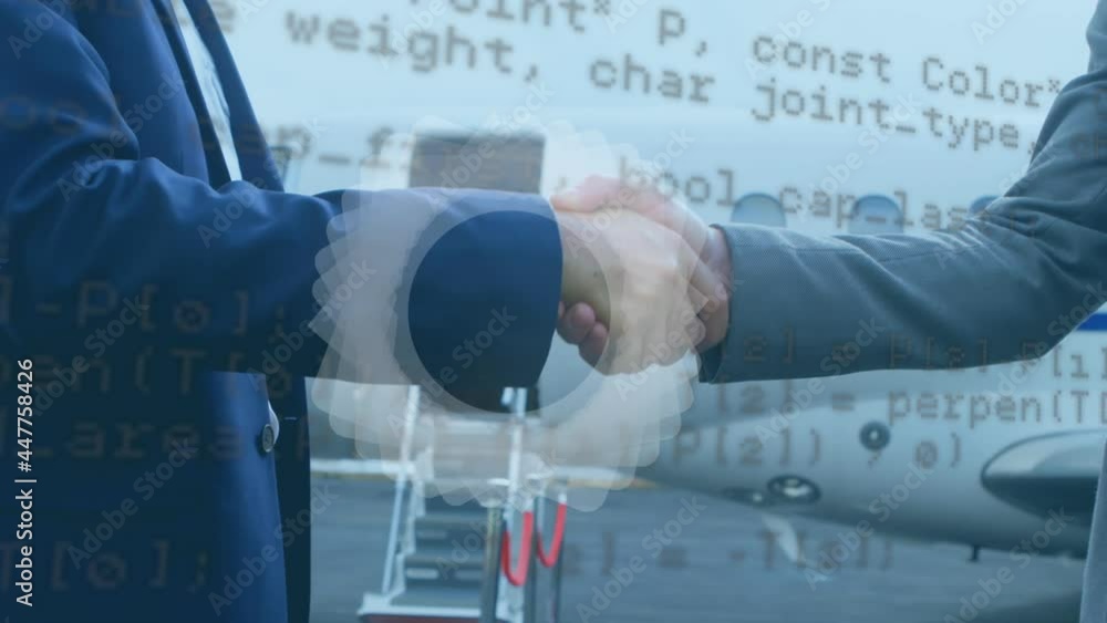 Poster abstract shape and data processing on mid section of two businessmen shaking hands at airport runway