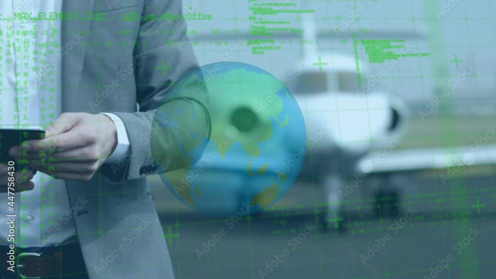 Aufkleber spinning globe and data processing on mid section of businessman using smartphone on airport runway