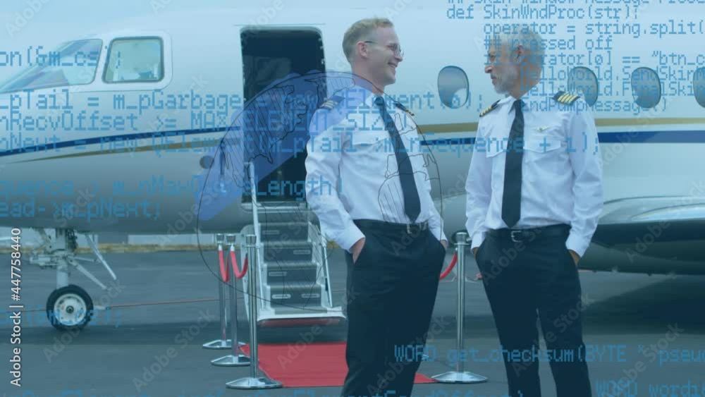 Aufkleber spinning globe and data processing over caucasian two pilots talking while walking on airport runway