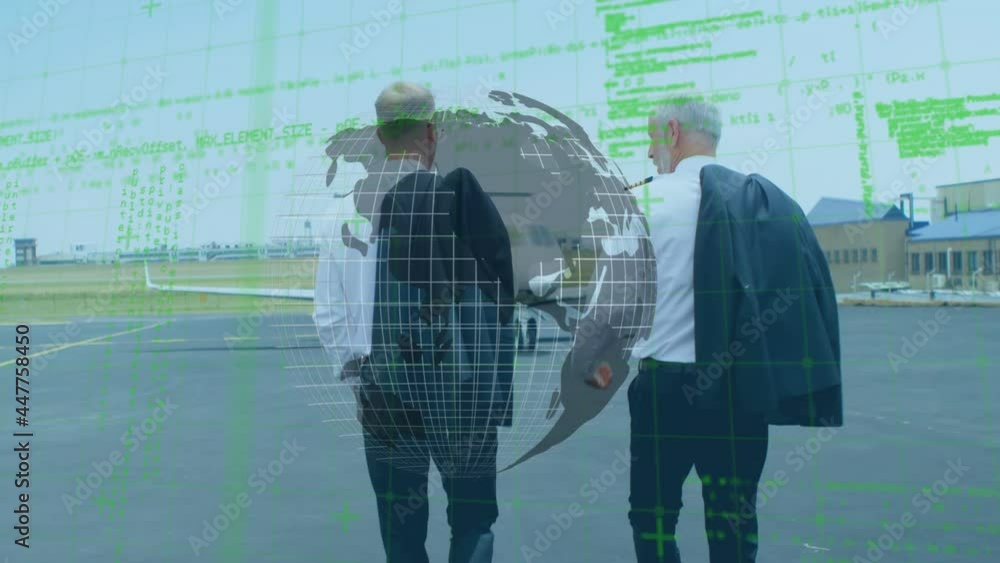Poster spinning globe and data processing over caucasian two pilots talking while walking on airport runway
