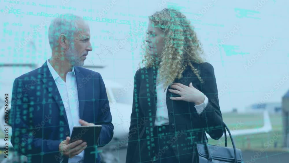 Poster abstract shape and data processing over businesspeople using digital tablet at airport runway