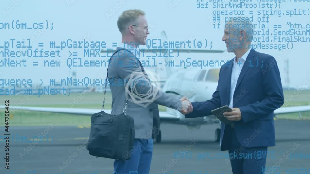 Poster abstract shape and data processing over two caucasian businessmen shaking hands at airport runway