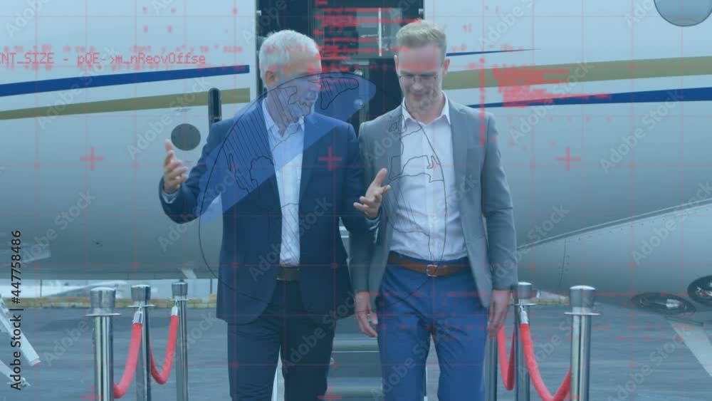 Aufkleber globe and data processing over two caucasian businessmen talking while walking on airport runway