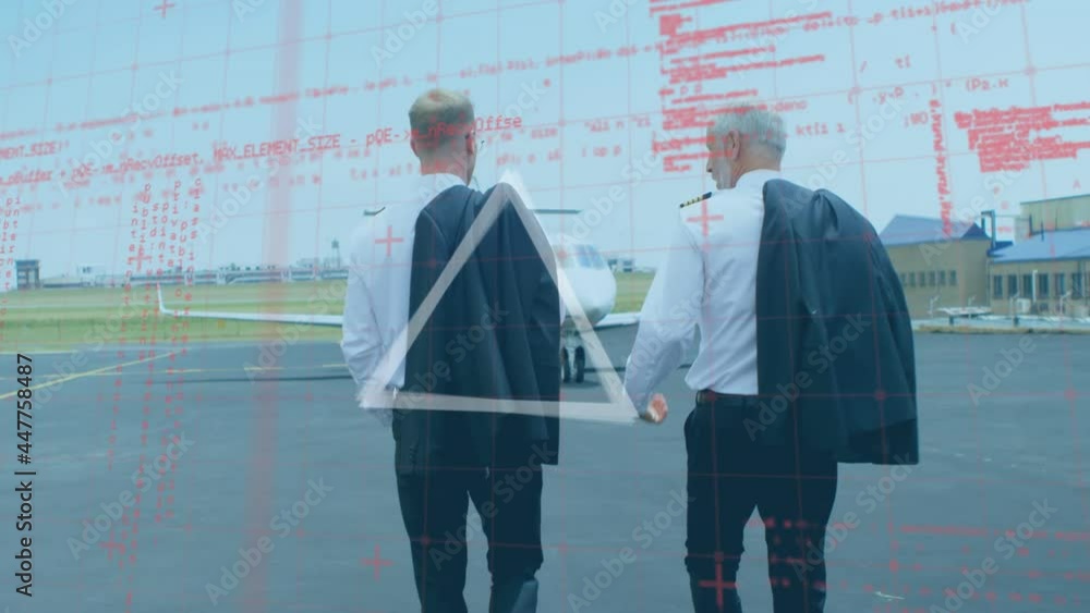 Poster abstract shape and data processing over caucasian two pilots talking while walking on airport runway