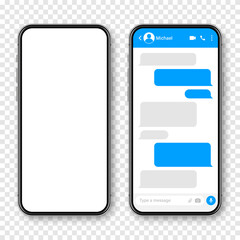 Realistic smartphone with messaging app. Blank SMS text frame. Conversation chat screen with blue message bubbles. Social media application. Vector illustration.