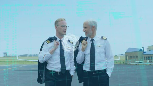 Abstract shape and data processing over caucasian two pilots talking while walking on airport runway