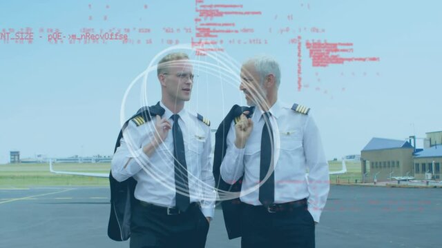 Abstract shape and data processing over caucasian two pilots talking while walking on airport runway