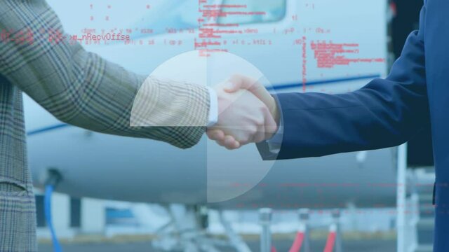 Abstract shape and data processing on mid section of two businessmen shaking hands at airport runway