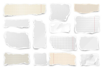 Ripped paper strips. Realistic crumpled paper scraps with torn edges. Shreds of notebook pages. Vector illustration.