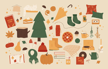 Autumn set. Cozy autumn vibes. Autumn trendy elements. Harvest festival and thanksgiving day concept. Vector illustration in cartoon style. Isolated on white background.