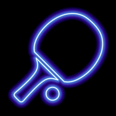 Table tennis racket and ball on a black background. Blue neon outline. Icon illustration. Ping-pong