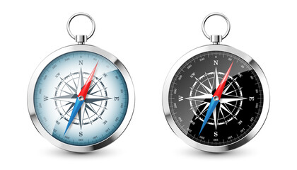 Fototapeta na wymiar Realistic silver, golden vintage compass with marine wind rose and cardinal directions of North, East, South, West. Shiny metal navigational compass. Cartography and navigation. Vector illustration.