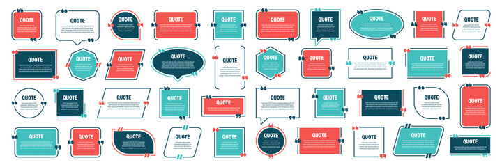 Set of various colorful isolated quote frames. Speech bubbles with quotation marks. Blank text box and quotes. Blog post template. Vector illustration.