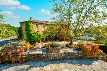 A typical stone villa or mansion near the Gardon River in the Pont du Gard area of the Provence region in Southern France at autumn.