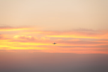 Fototapeta premium The airplane taking off on the sunset background