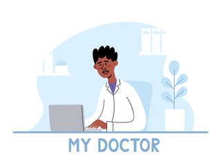Vector illustration of family doctor at table on interior background