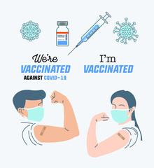 Vector elements set of covid-19 vaccinated concept, man woman with mask show arm with medicine plaster, vaccine bottle, syringe, virus symbol, slogan We're vaccinated against covid-19, I'm vaccinated 