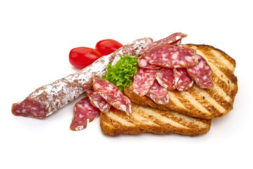 Cured fuet sausage, sausage with mold, isolated on white background. High resolution image.