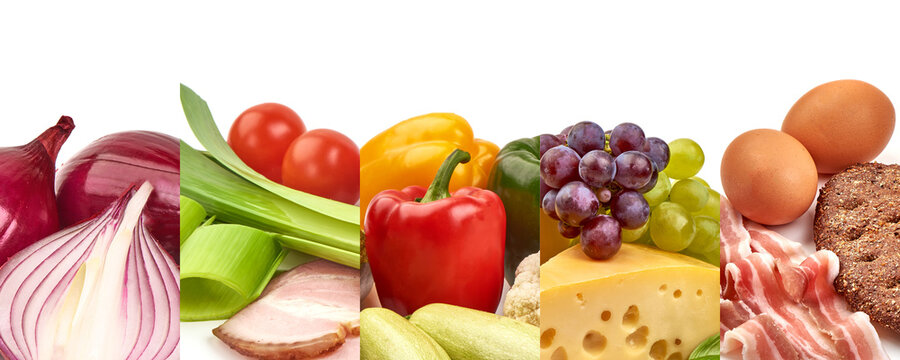 Collage of various food products for grocery stores, isolated on white background. High resolution image.