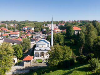 View of the town of Gradacac and Husejnija mosque, national monument,  from the old Gradacac castle